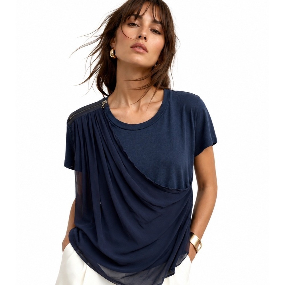 Lanvin Paris Draped Sheer Overlay Designer Top Black Medium